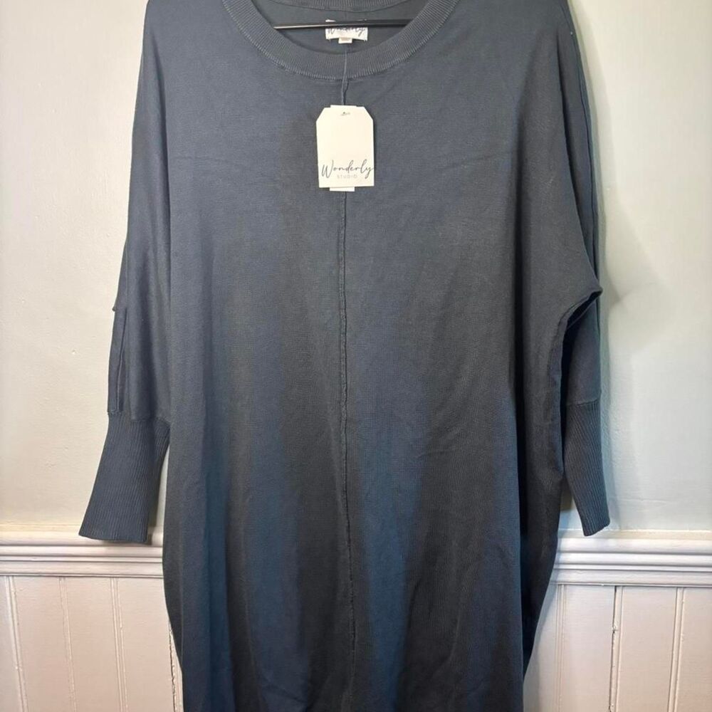 Wonderly Studio Sweater Dress Gray Tunic 3/4 Sleeve Knit NWT Medium